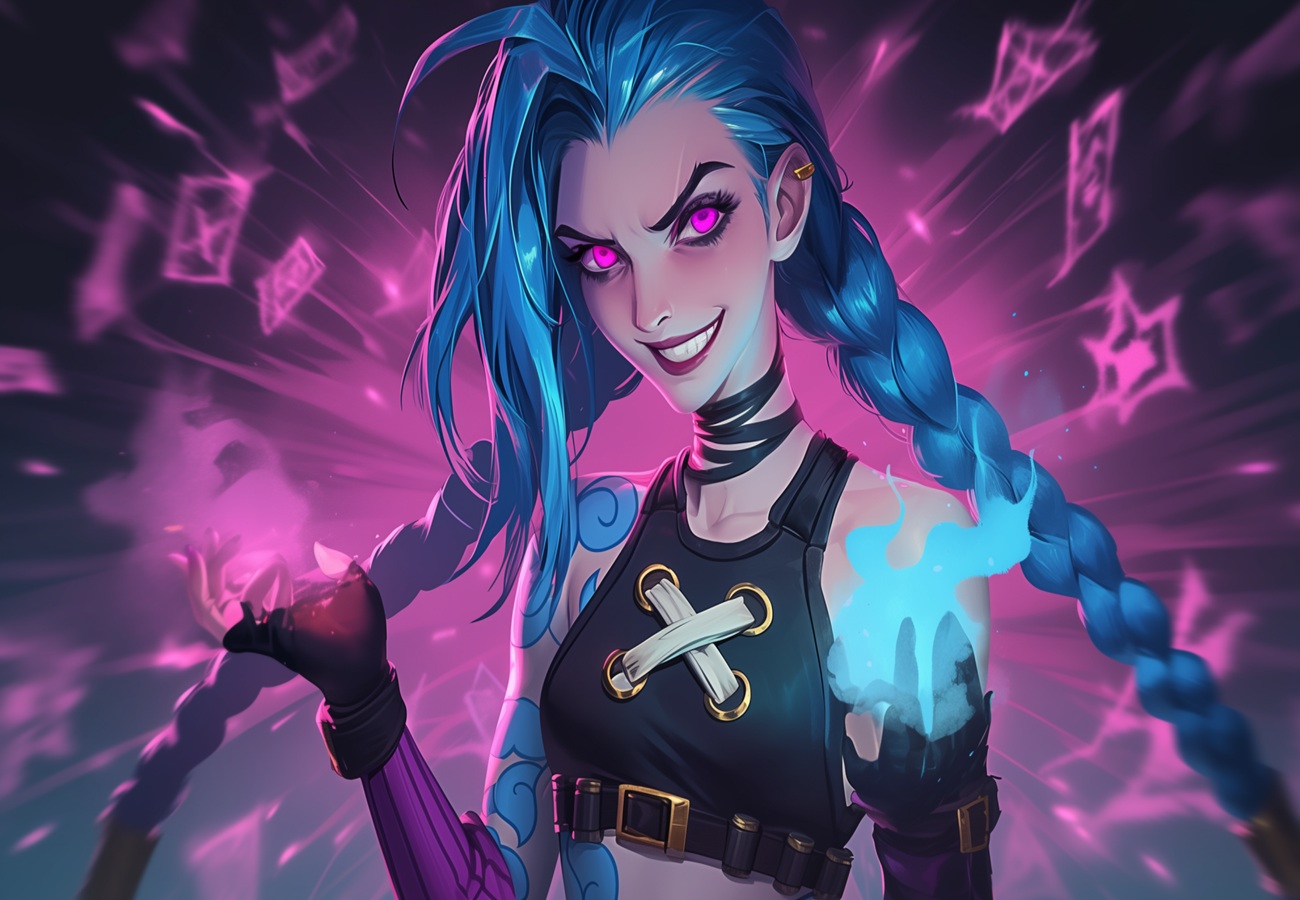 Jinx from League of Legends with glowing purple effects — thumbnail for HollowBlitz Studio’s ‘Rise’ cinematic sound redesign project.
